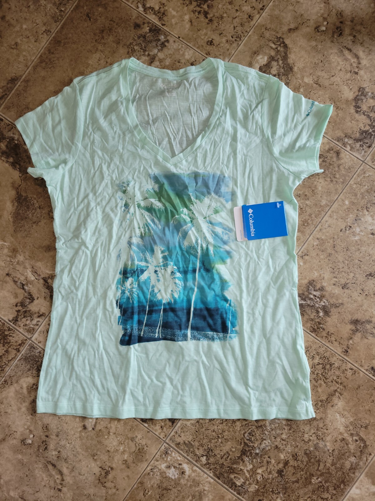 Large Columbia Coastal Escapes V-Neck Tee Short Sleeved Sea Green Medium