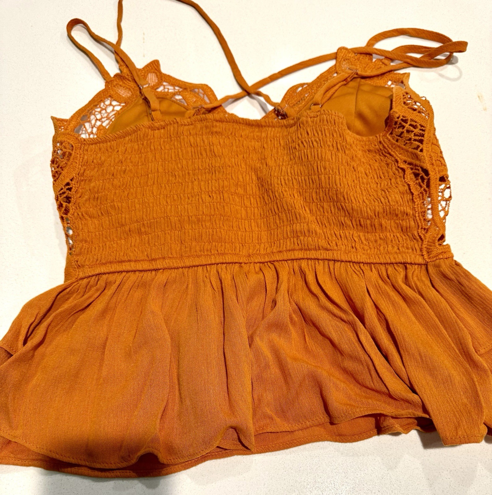 Orange Peplum Lace Adjustable Spaghetti Strap Top With Ruffles, Size M
