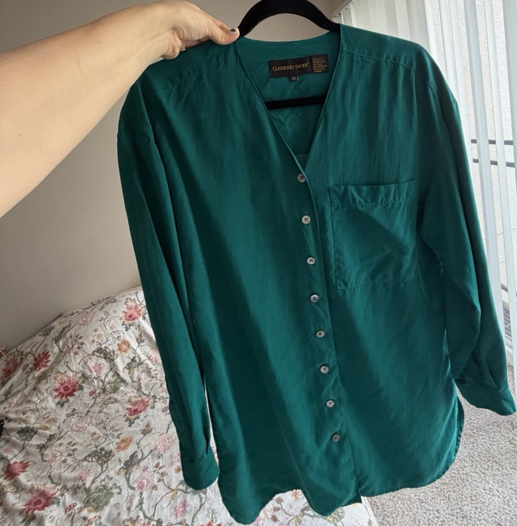 Classiques Entier Women’s Green Silk Satin V-Neck Long Sleeve Blouse Size XS
