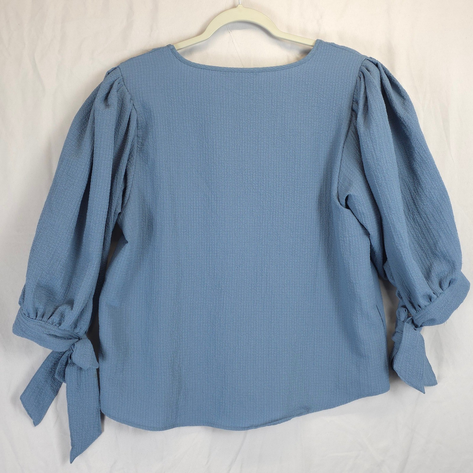 ZAC & RACHEL Blue Textured Puff Sleeve Tie Cuff Blouse Women L Workwear Chic
