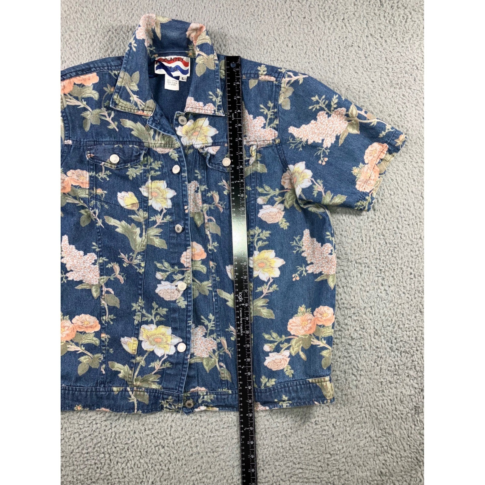 Vintage 90s Floral Denim Shirt Women L Button Up Retro Western S/S Rodeo Boho