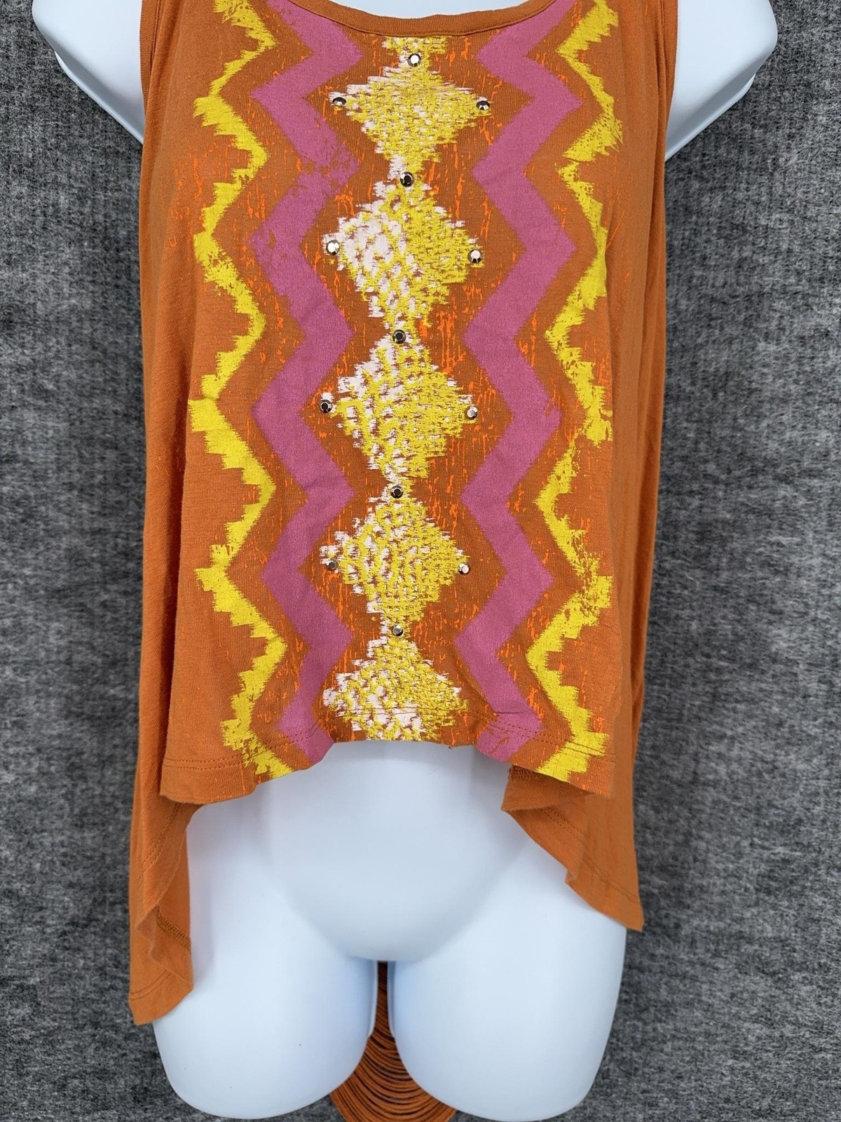 Decree Tank Top Juniors XL Orange Sequin Geometric Hi Low Ladder Back Boho