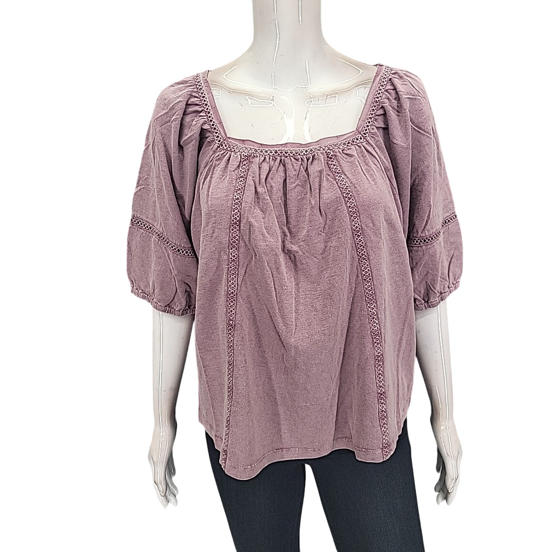 Womens Top Large Size Mauve Peasant Blouse with Square Neck Braided Details