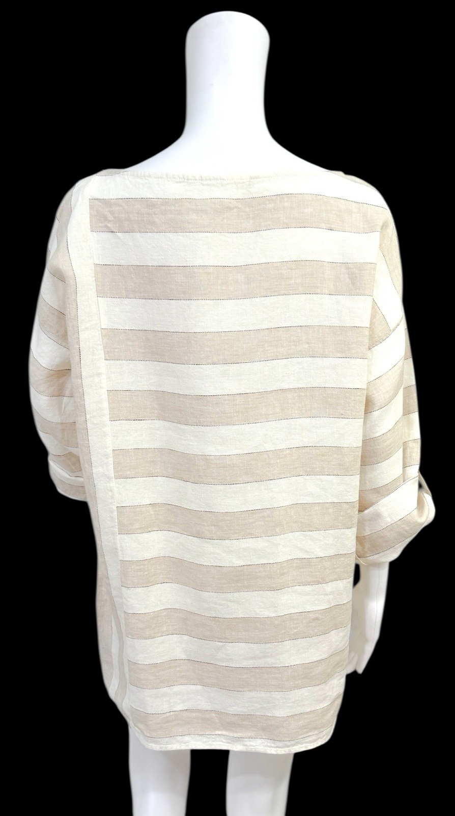 Soft Surroundings Striped Linen Tunic Top M 3/4 Tab Sleeves Beige Ivory