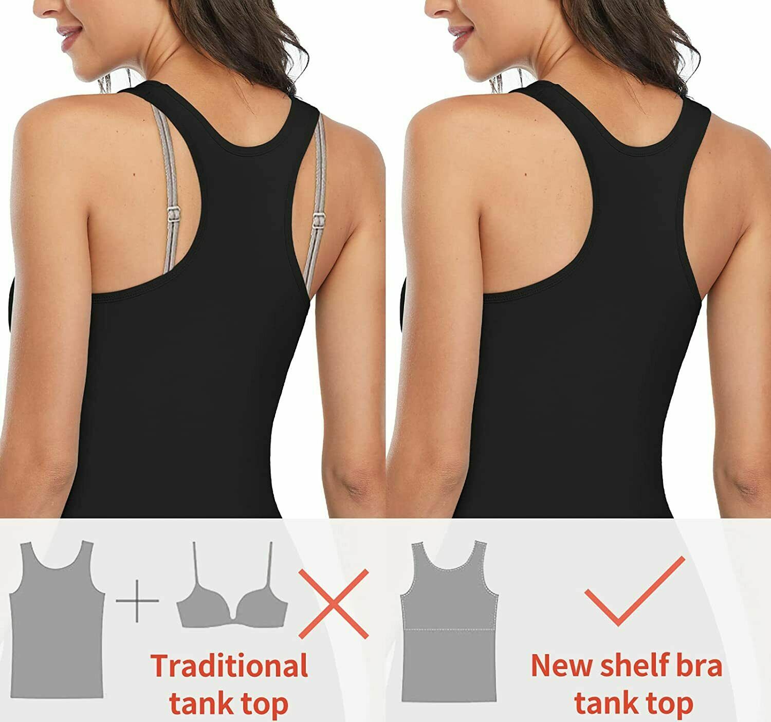 Women’s Basic Solid Scoop Neck Racerback Tank Top With Built in Shelf Bra Shirt