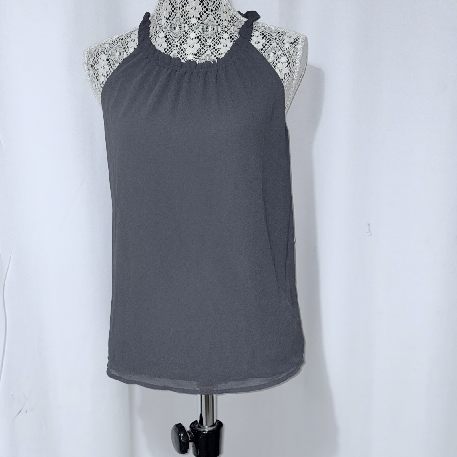 DL Sz Medium Charcoal Gray Ruched Lined A Line Silky Chiffon Tank Top Flowy