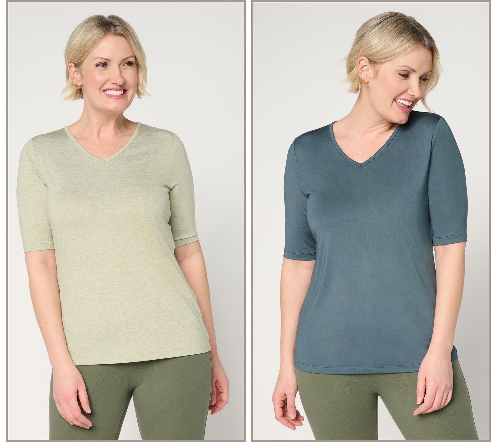 Denim & Co. Active Cool to the Touch 2-Pack Tops HthrKhki/DkSlat 1X New