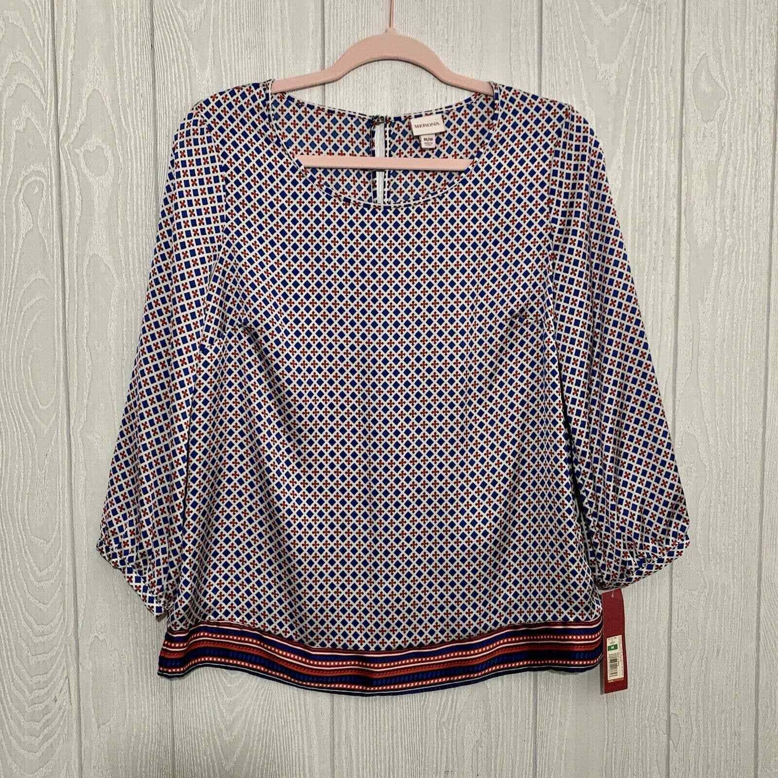 Merona Blue Red Blouse Long Sleeve Medium NWT