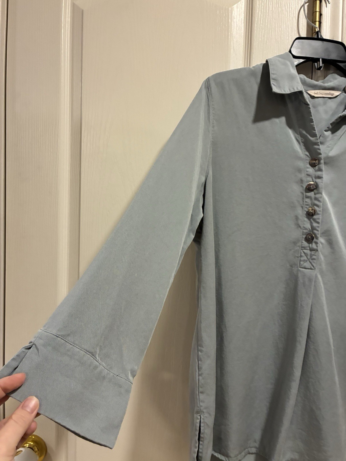 Soft Surroundings Gray Tencel Button-Up Collared Blouse Tunic Large