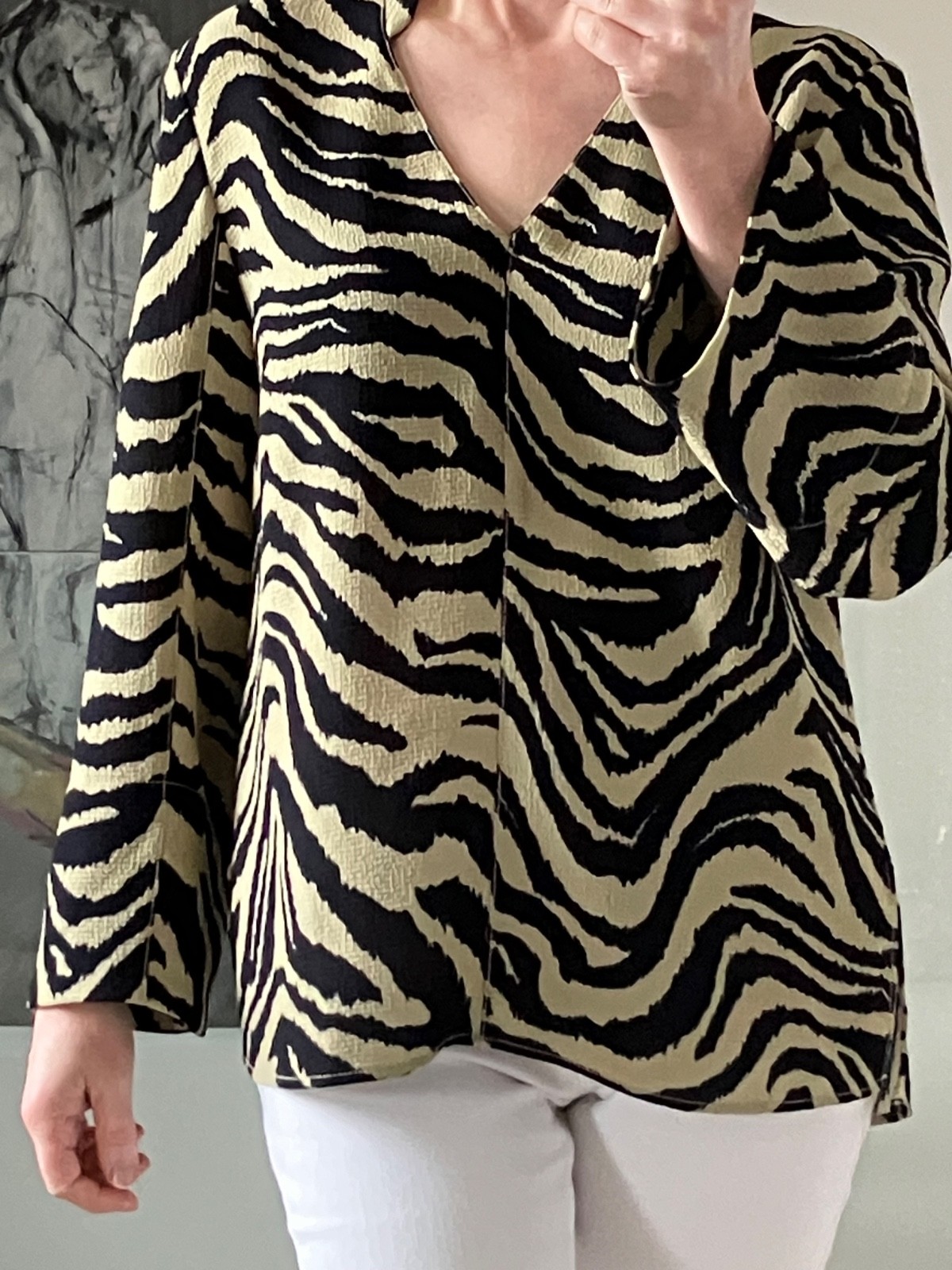 Jigsaw ‘Ikat’ Zebra Print Tunic/Top Black/Khaki Size UK 10
