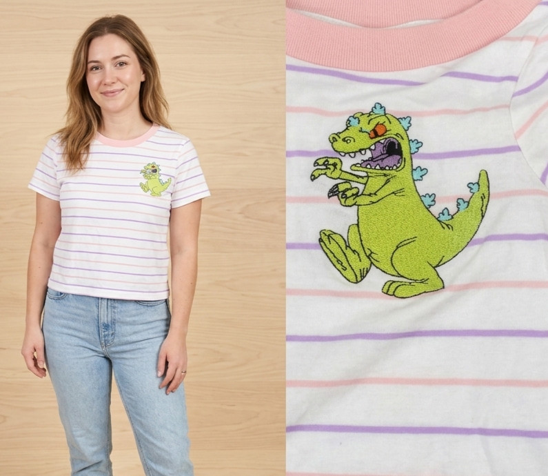 Nickelodeon Rugrats Womens Embroidered Reptar Striped Semi-Crop Shirt NWT S-XL