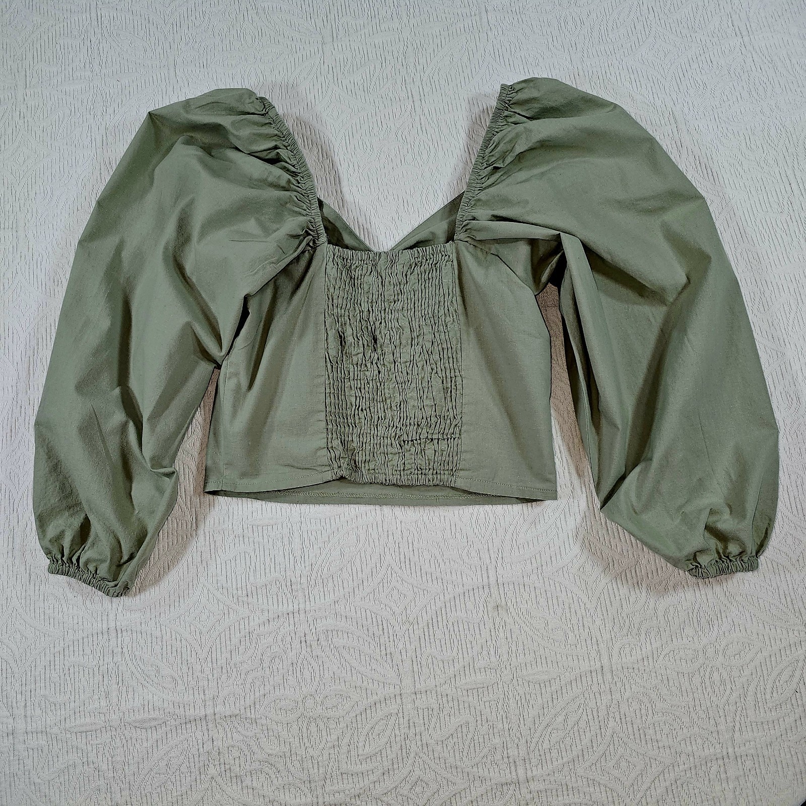Floral Puff Sleeve Smocked Cropped Top Cottagecore Romantic Peasant Boho Green S