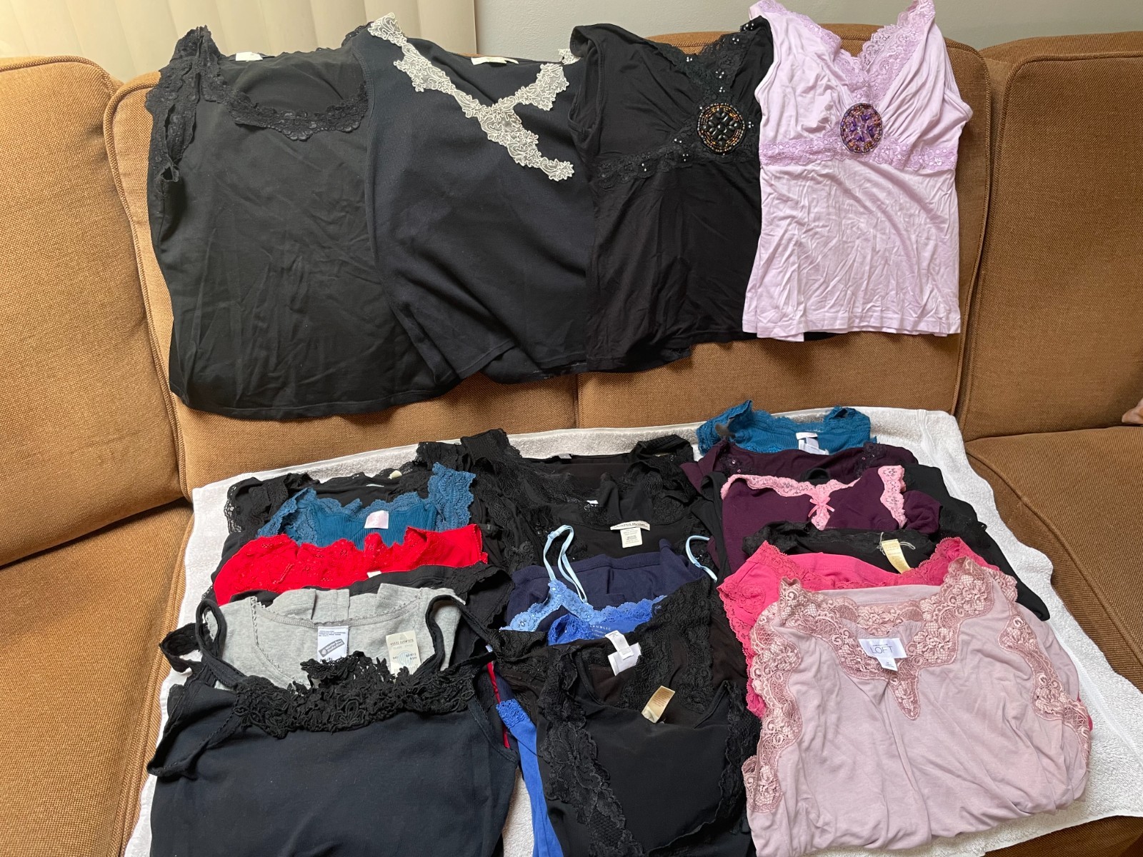 Lot of 31 Women’s Laced Trimmed Multicolor Pullovers & Camis Various Sizes.