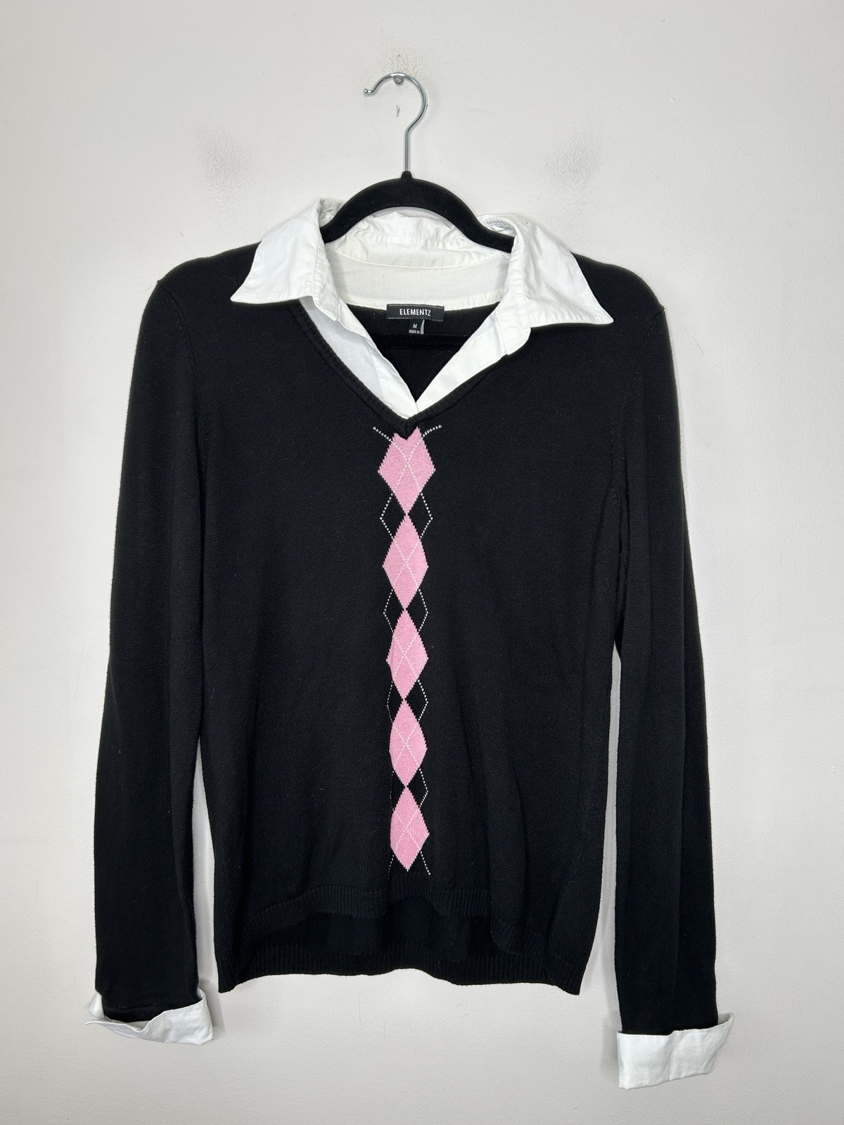 Elementz Women’s Black Pink Argyle Y2K Long Sleeve Sweater Collared Size Medium
