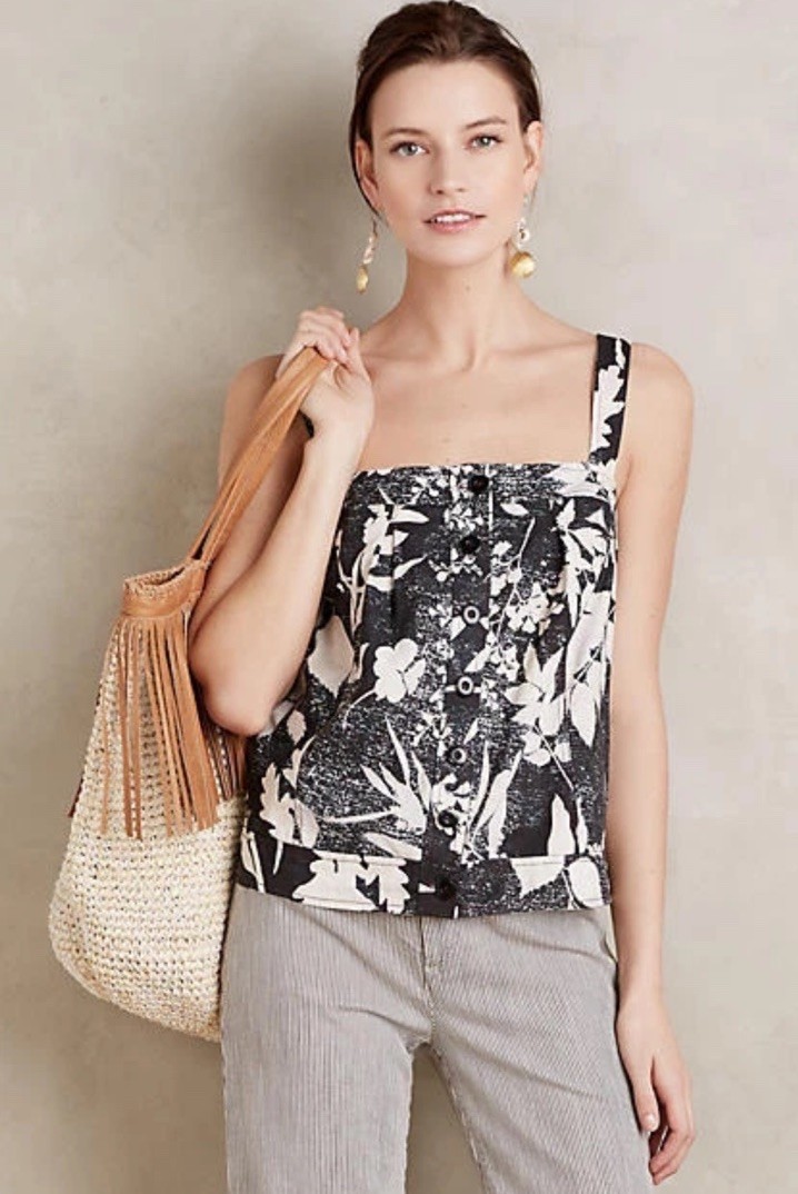 Anthropologie Dark Floral Tank Top Womens 6 Preppy Natural Linen Blend Casual
