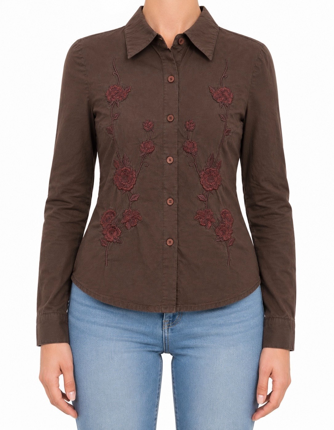 Women’s Brown Floral Embroidered Button-Up Long Sleeve Blouse Size (S)