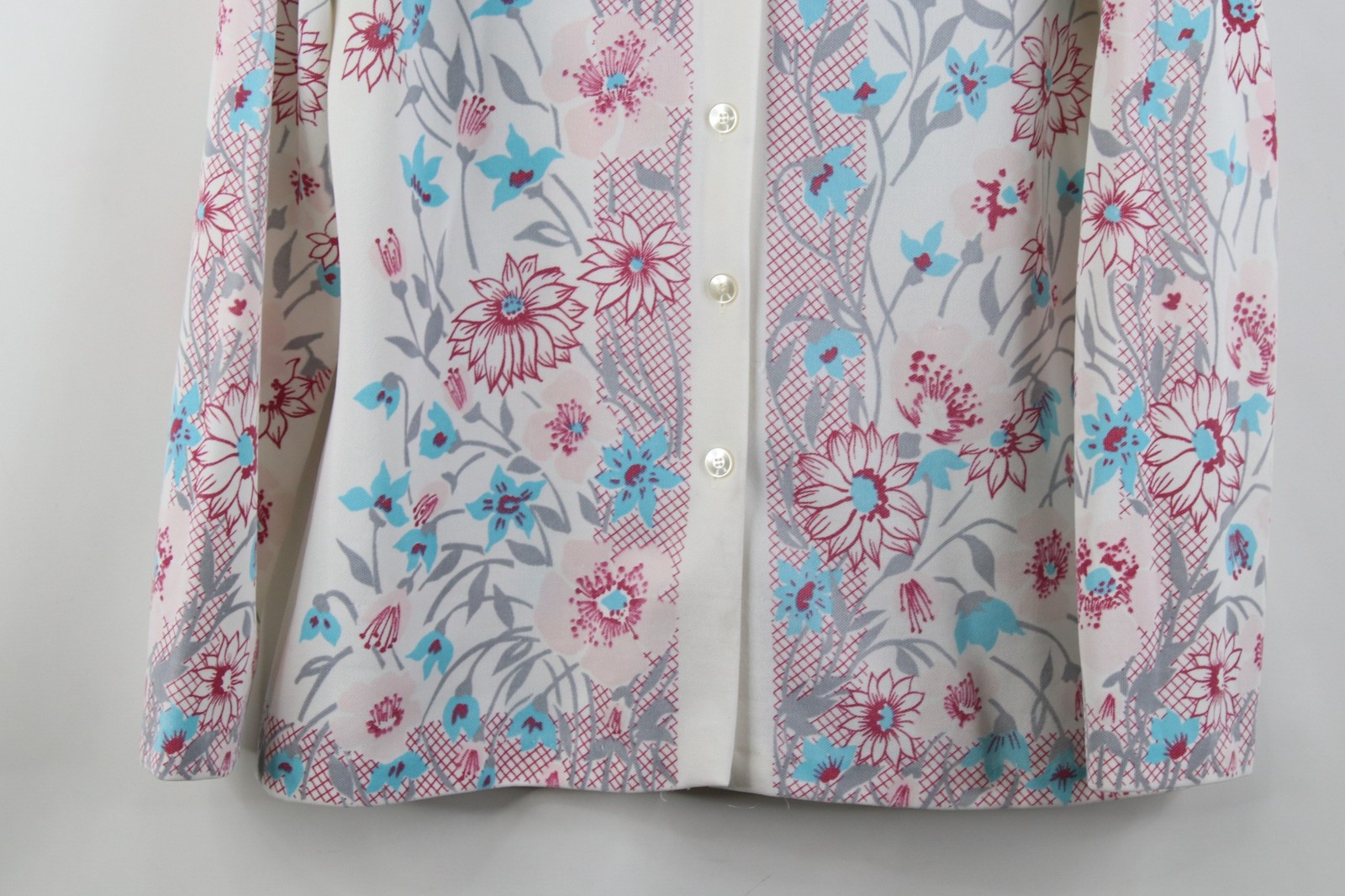 Vtg 60s 70s Mid Century Modern Womens L Flower Knit Dagger Collar Button Shirt