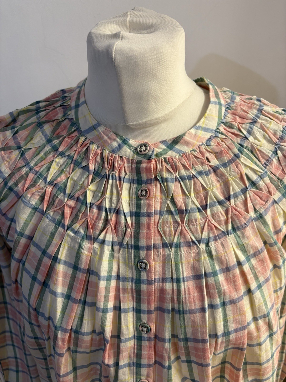 Boden UK 10 Smocking Detail Blouse multi-color checked 100% Cotton