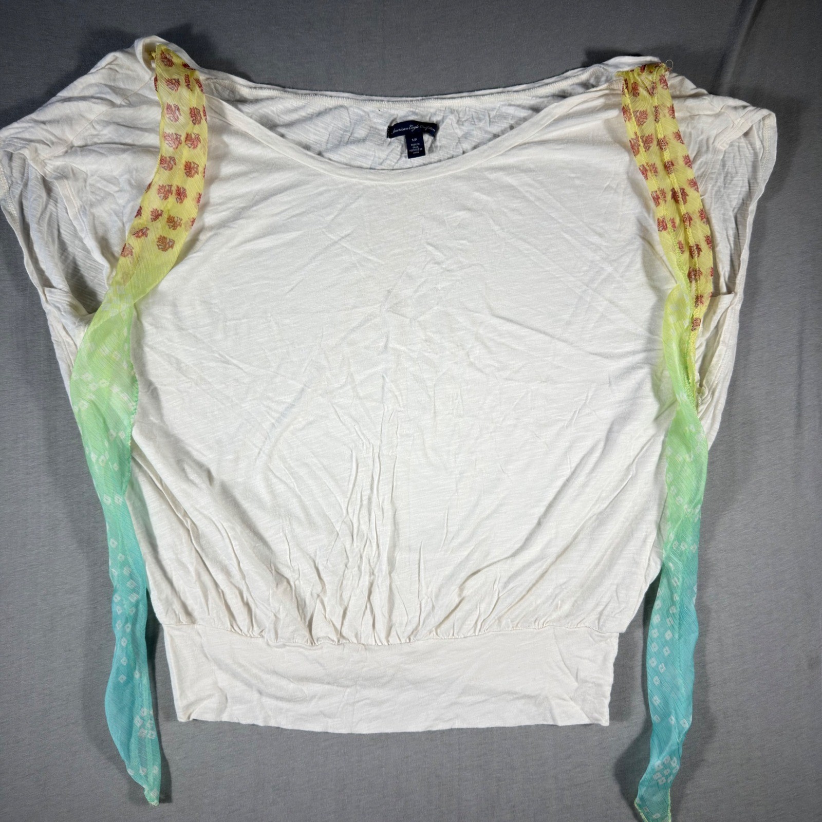 American Eagle Y2K Cream Dolman Top Scarf Accent Boho Blouse Small vtg