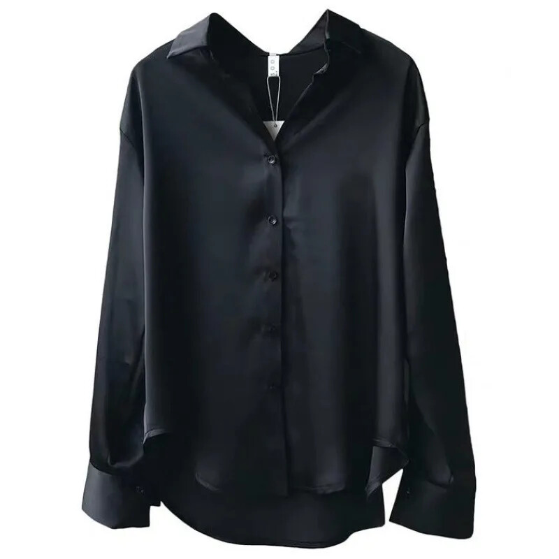 Autumn Fashion Button Up Satin Silk Shirt Vintage Blouse Women White Lady Long