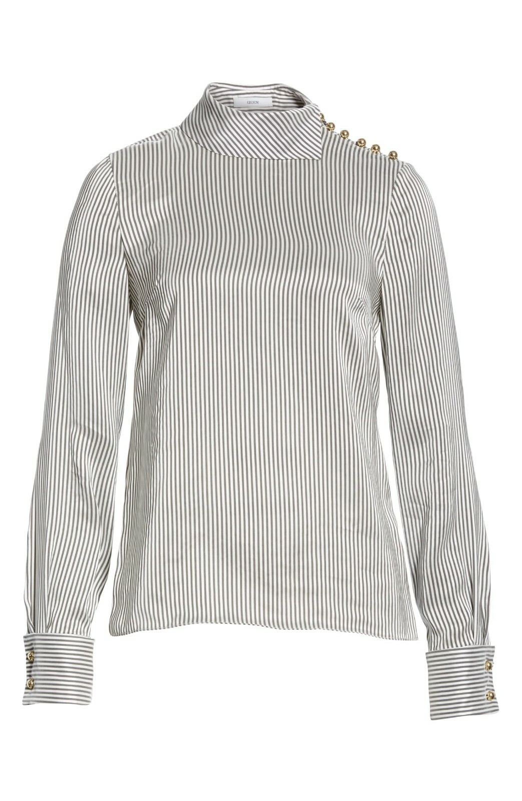 ERDEM Grey White Gold Cuff Link Mock Pin-Stripe Satin Blouse Top 6 = 10 42 38 36