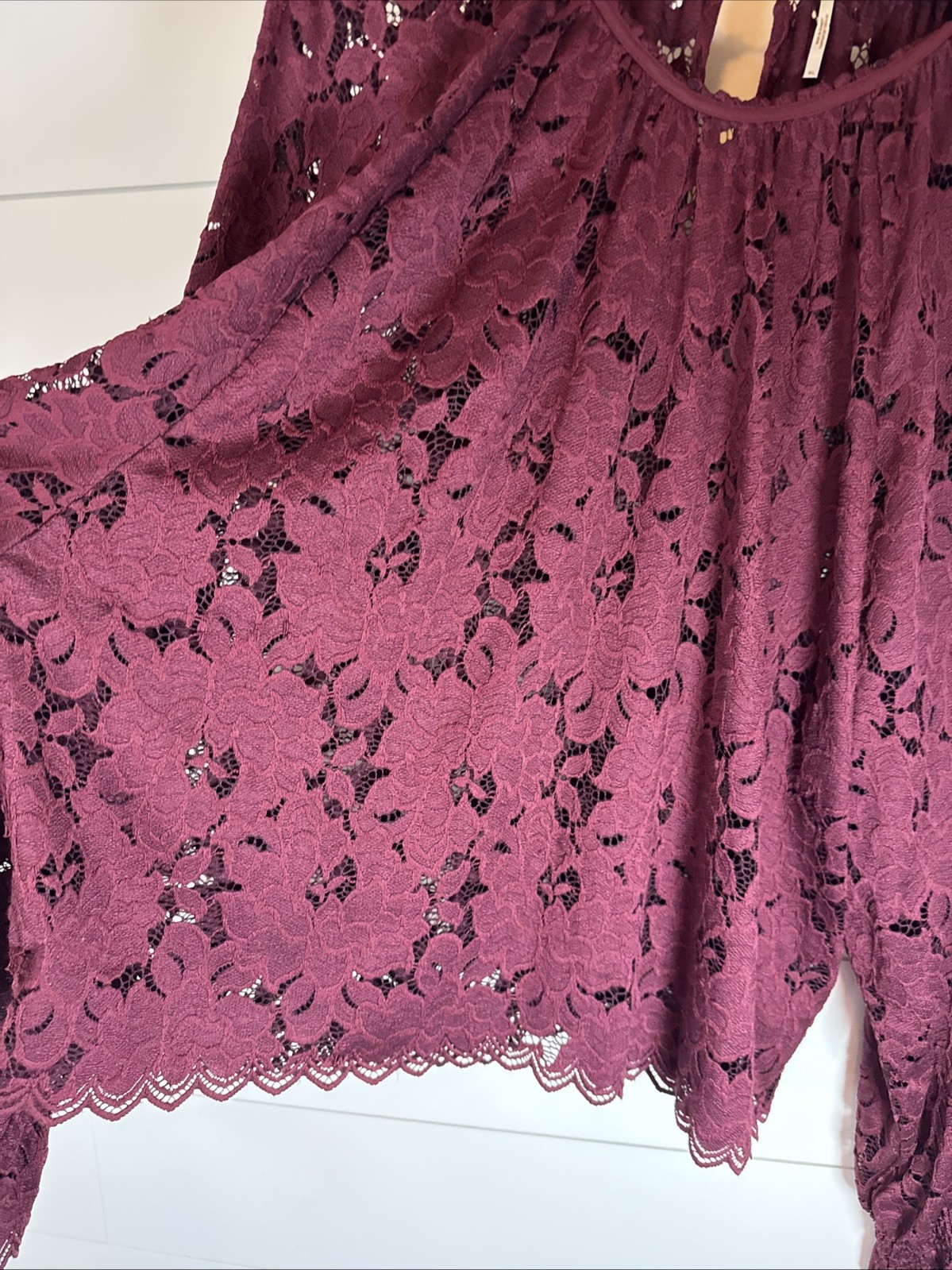 NWOT FREE PEOPLE Olivia Lace Top Sz XL Dolman Balloon Poet Sleeve Burgundy Red