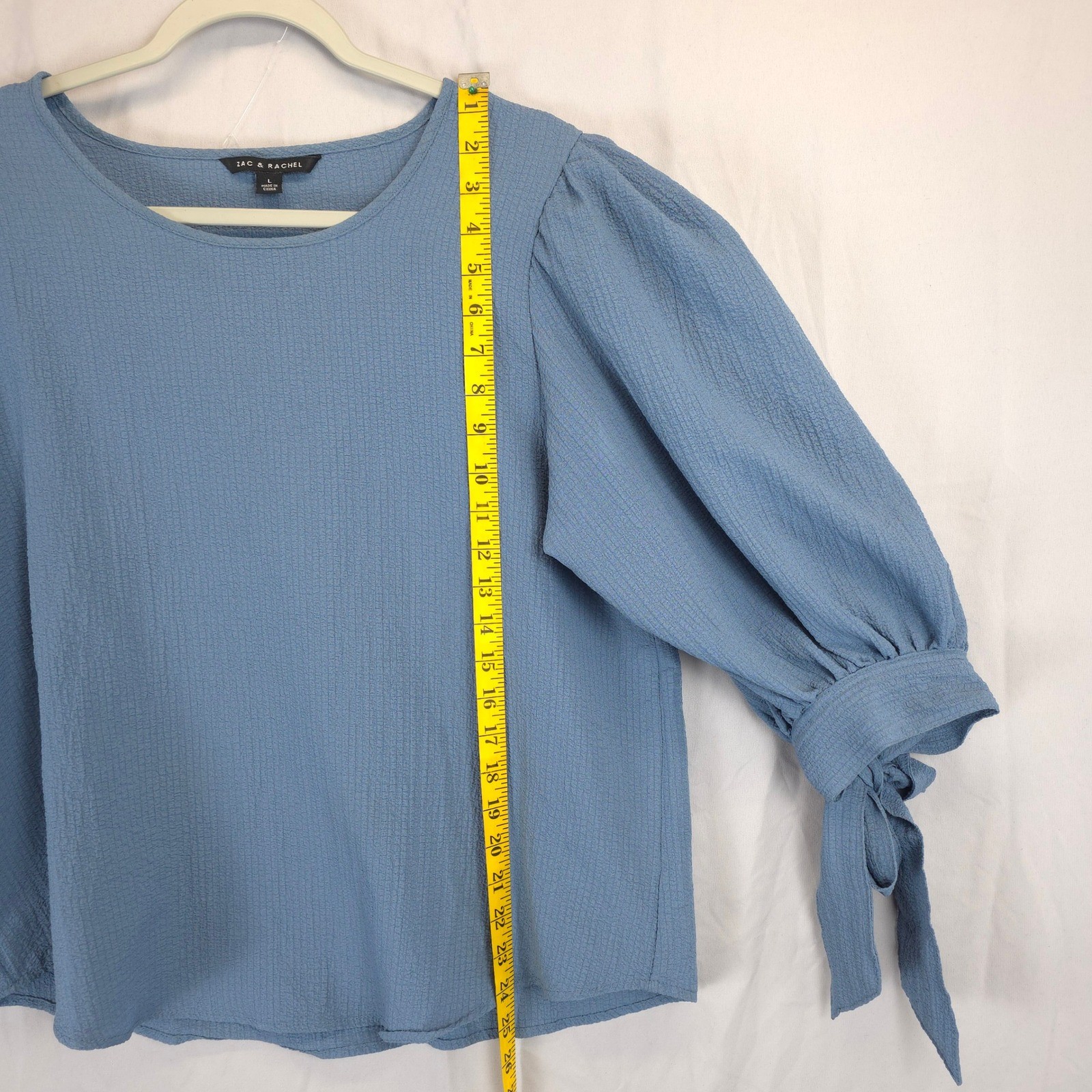 ZAC & RACHEL Blue Textured Puff Sleeve Tie Cuff Blouse Women L Workwear Chic