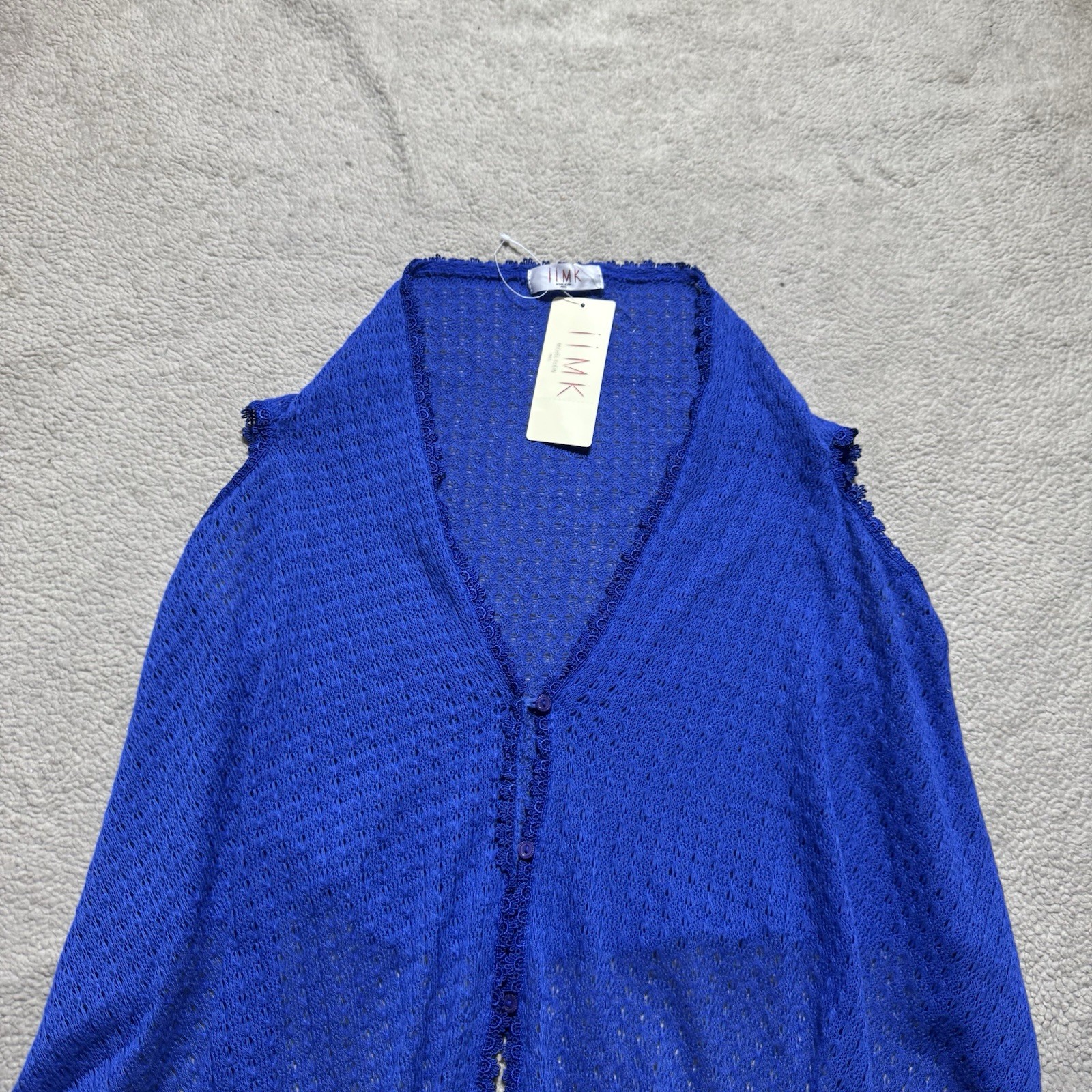IIMK Michel Klein Top Womens 38 (S/M US) Blue Short Sleeve Button Knit Flowy NEW