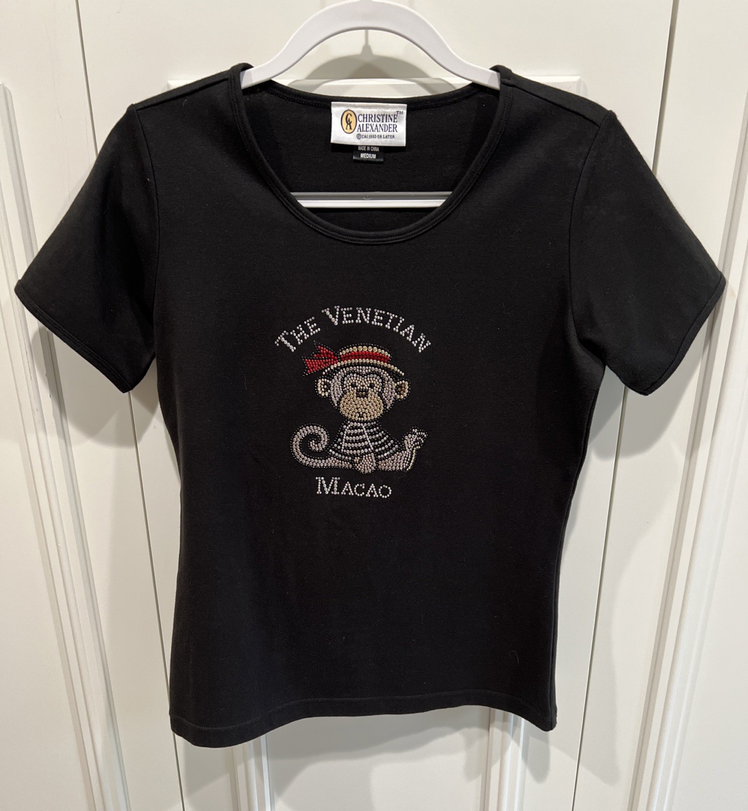Christine Alexander Rhinestone Studded Black T Shirt Size Medium Monkey Macao