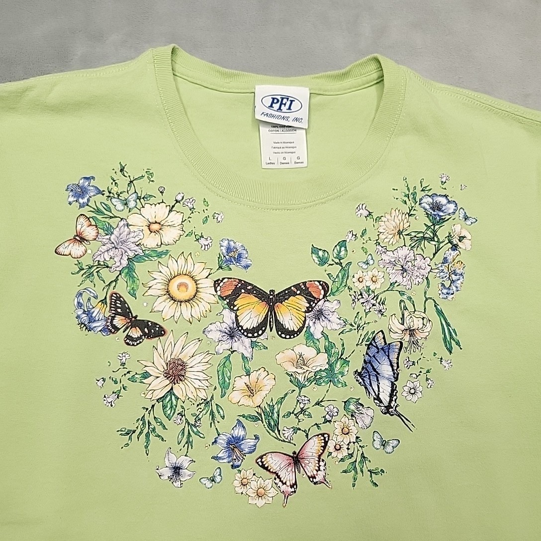 VTG Butterfly Floral Shirt Ladies L Green Nature Garden Short Sleeve Cottage Tee