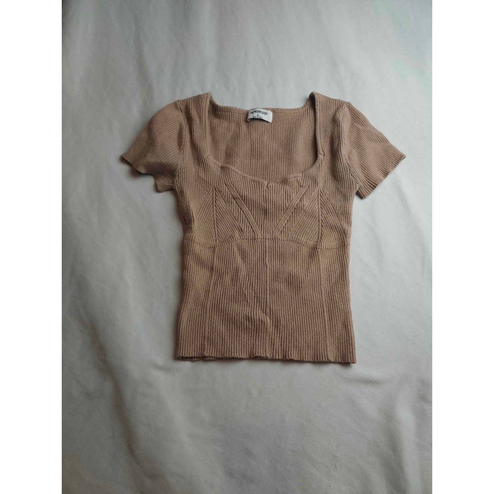 The Workshop Tan Ribbed Knit Short Sleeve Square Neck Top Small