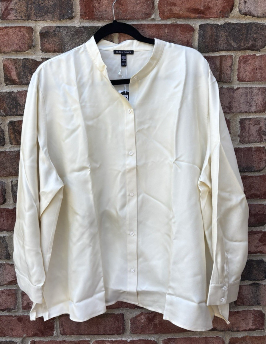 EILEEN FISHER Soft White Cream Silk Twill Mandarin Collar Shirt $268 2X NIP
