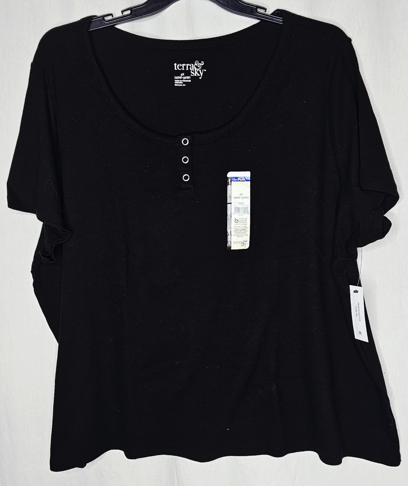 Terra & Sky Women’s Plus Black Rib Short Sleeve Henley Tee T-Shirt 3X or 4X