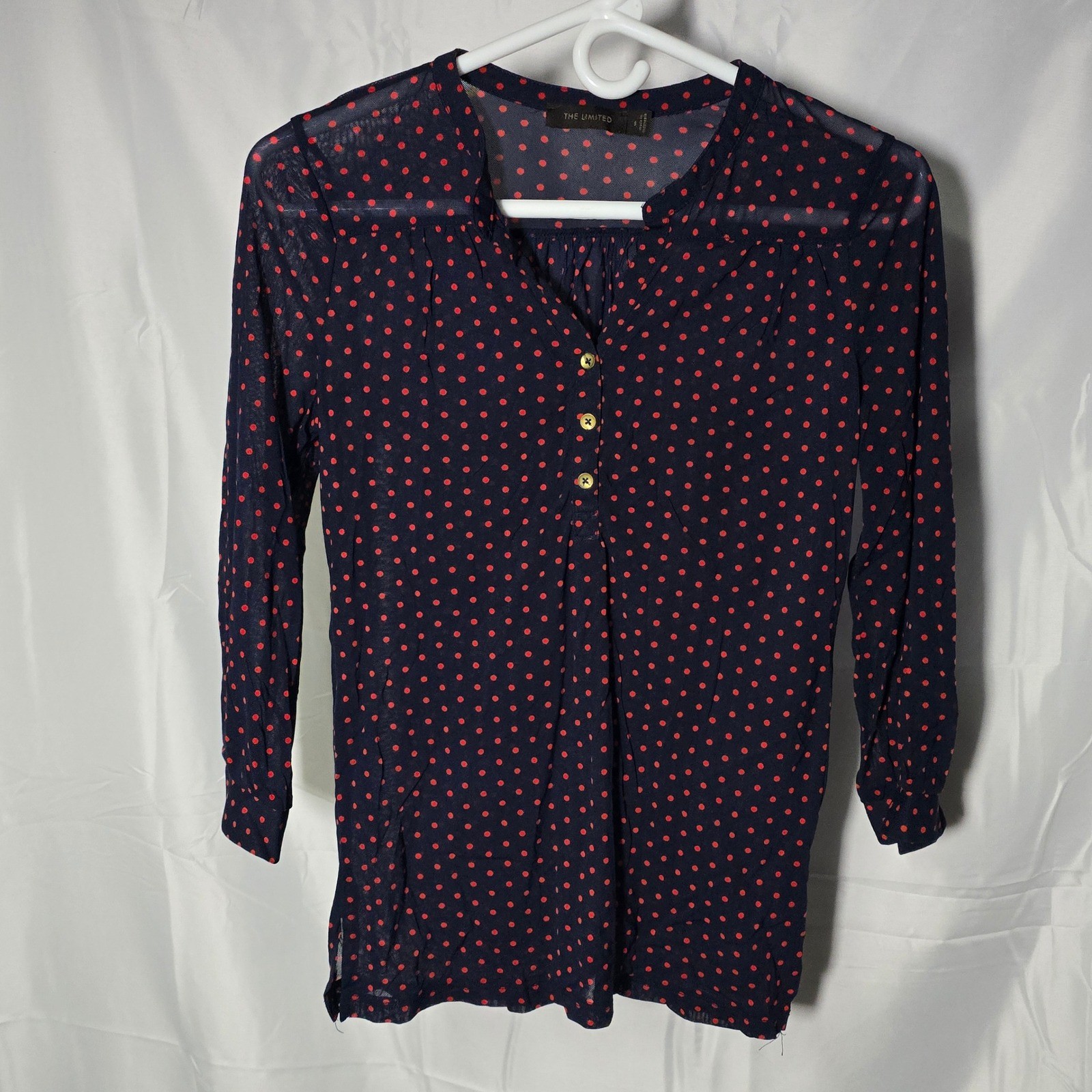 The Limited Womens Small Navy Blue Red Polka Dot Sheer Henley Blouse 3/4 Sleeve
