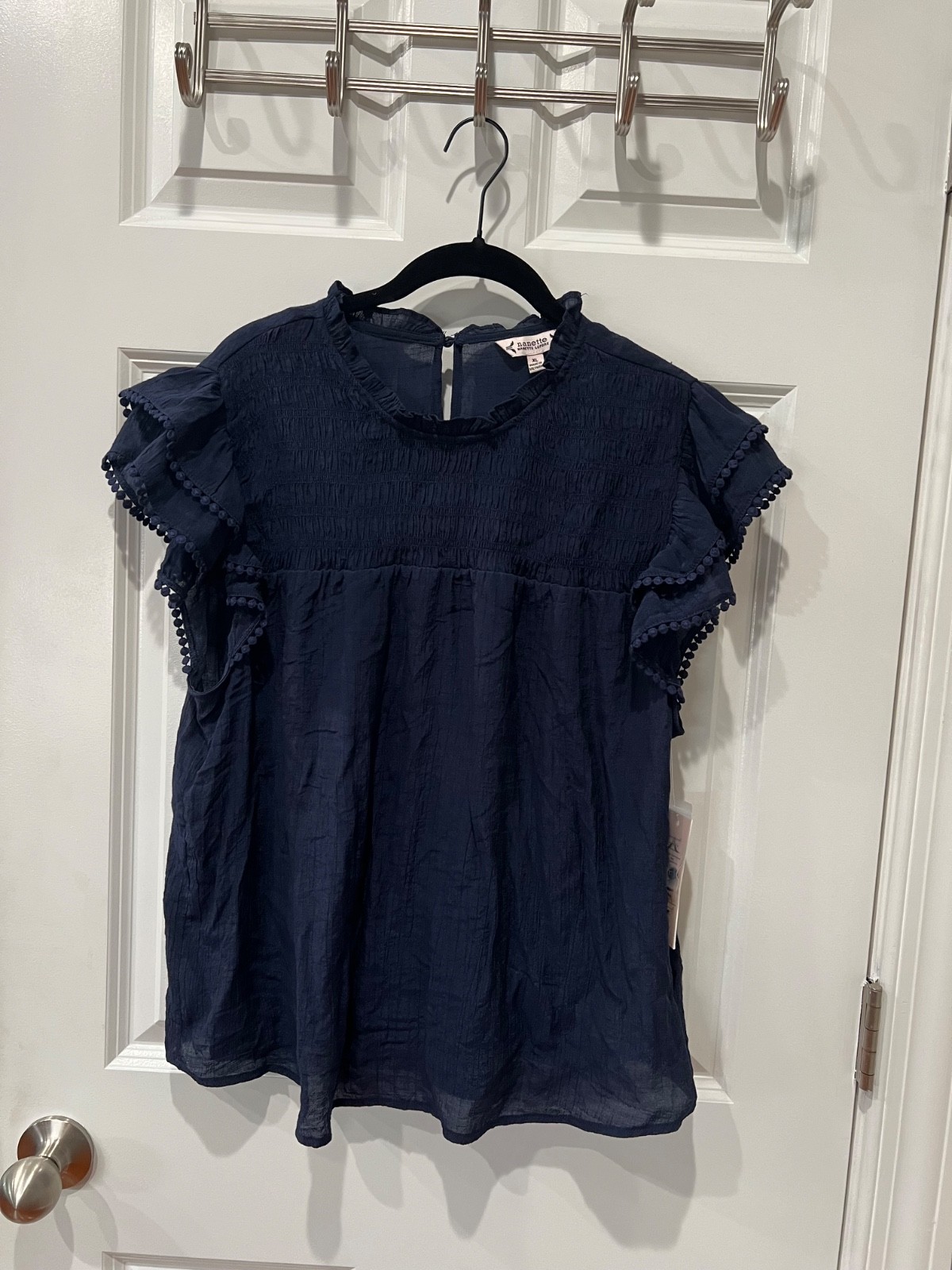Nanette Lepore Women’s Ruffle Sleeve Flowing Blouse Sz XL Nanette Navy NWT $58