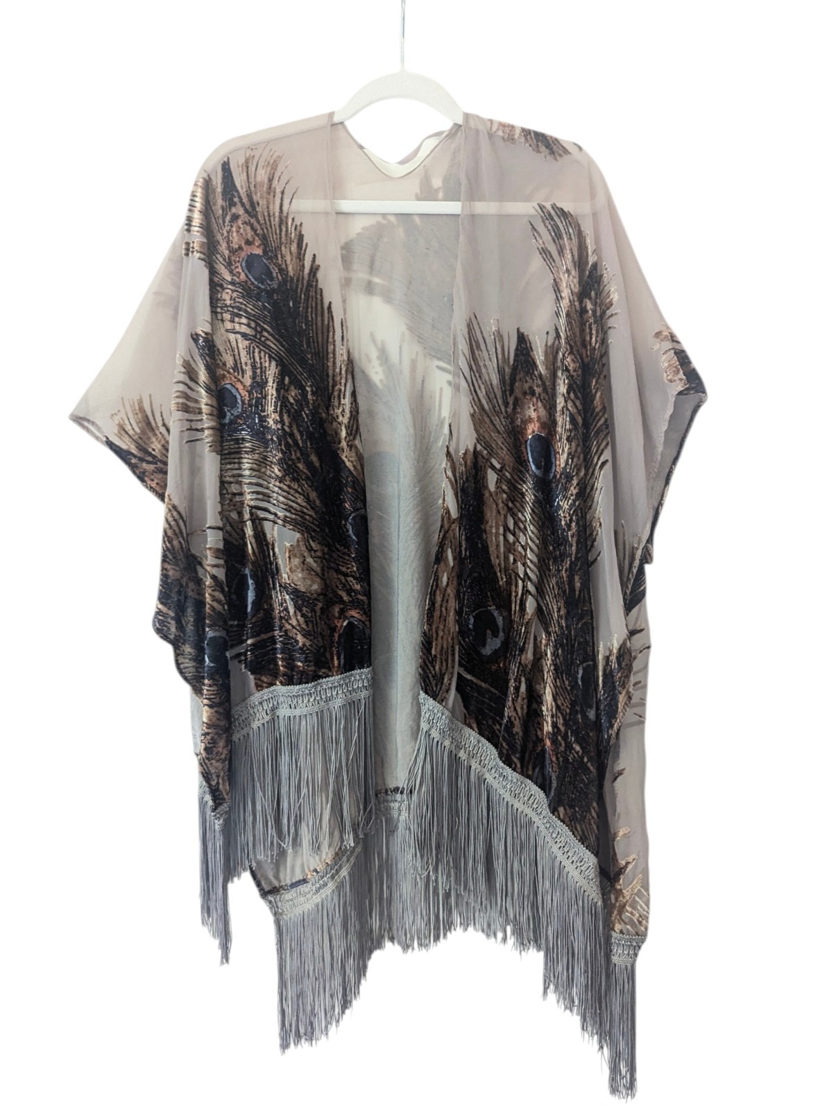 Velvet Burnout Fringe Peacock Kimono Cardigan Cover Up Boho One Size OS S M L XL