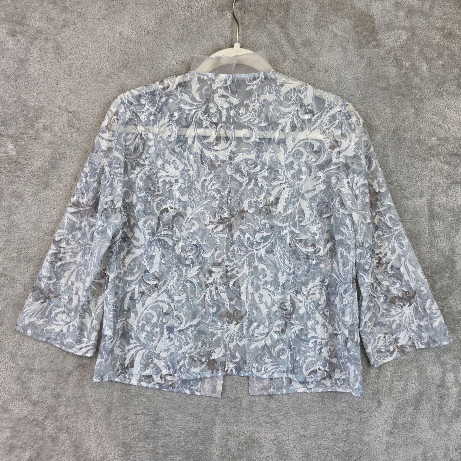 Leporte Tokyo Style Blouse Womens M Blue V Neck 3/4 Sleeve Sheer Floral Lace