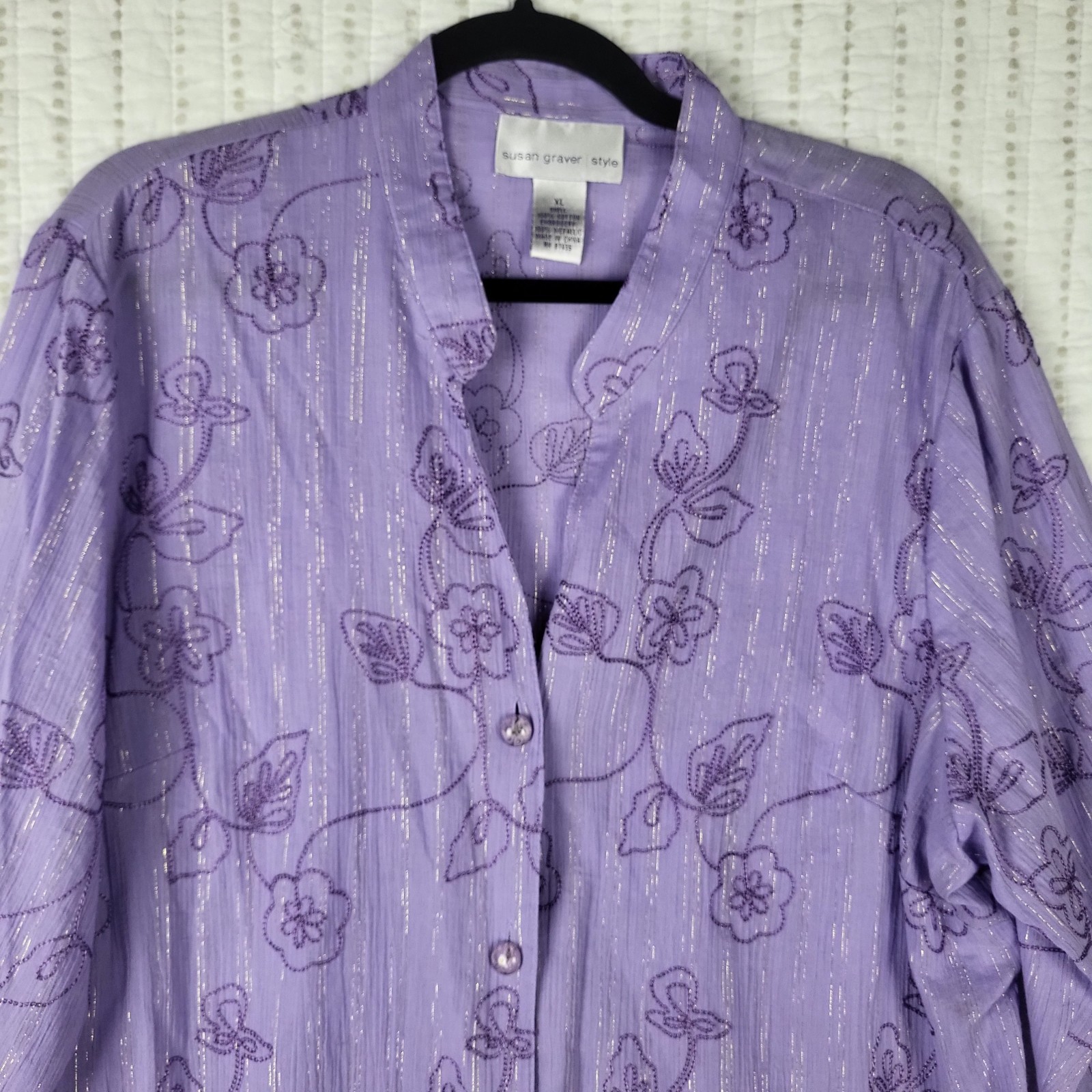 Susan Graver Tunic Blouse Women’s XL Purple Button Front Long Sleeve Embroidered