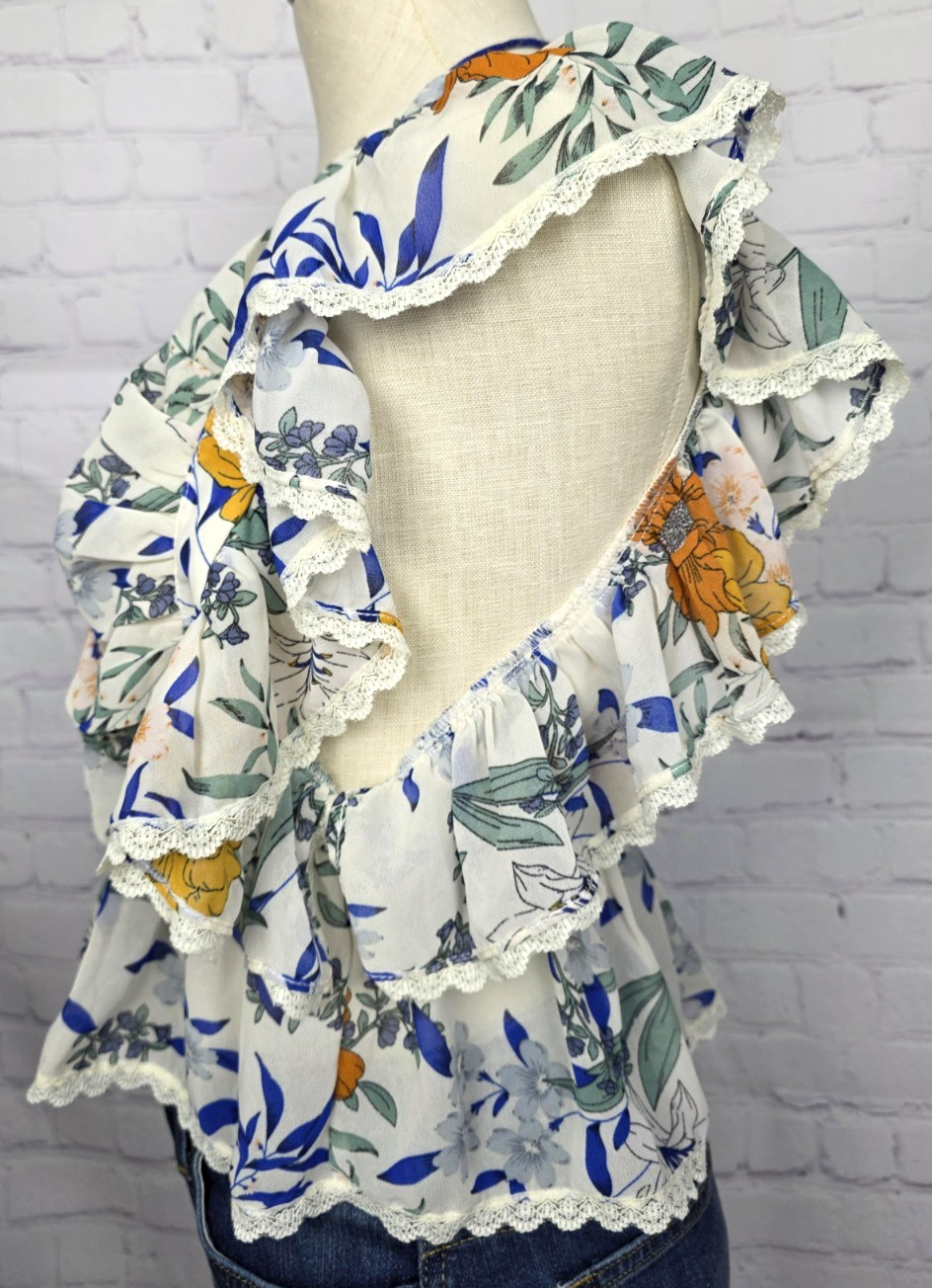 Bae Vely Blouse Floral Lace Ruffles Back Tie Fairy Boho Coquette Cottagecore S