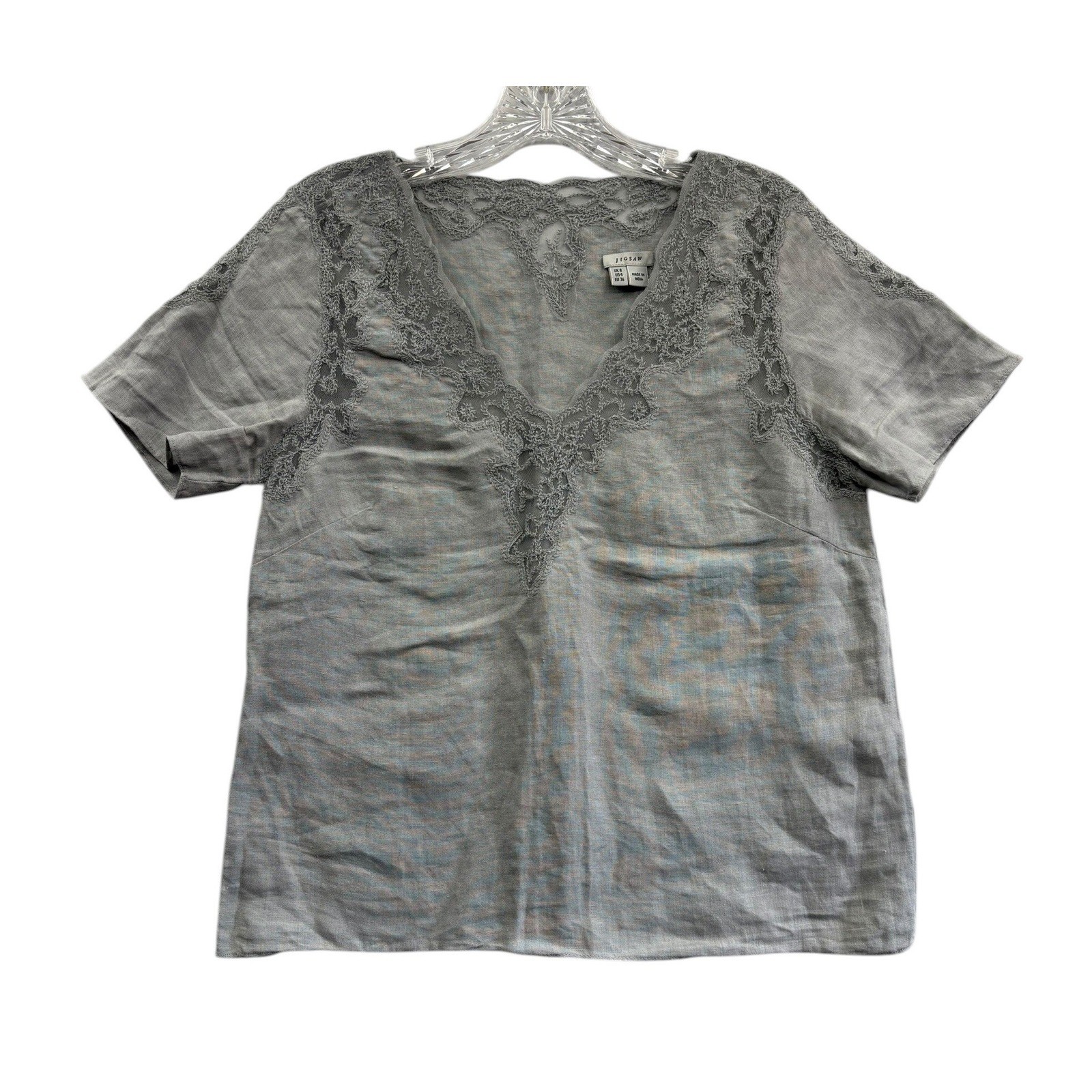 Jigsaw Gray Linen Blend Blouse Lace Trim Boho Minimalist Short Sleeve Top 4