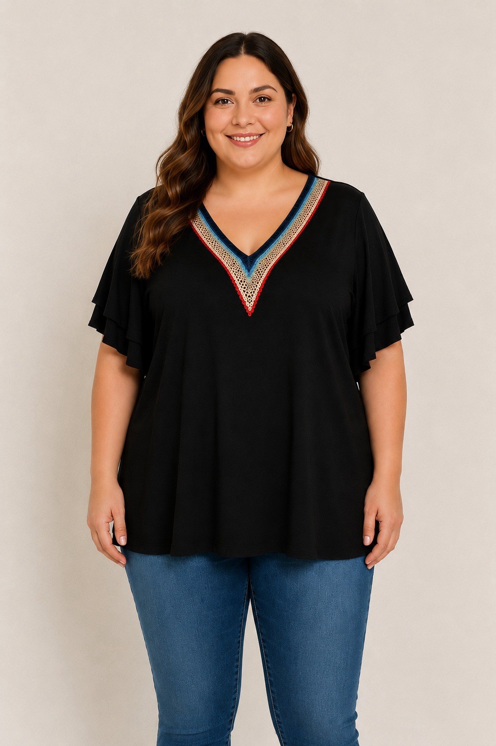 BloomChic Women’s 5X Black V-Neck Crochet Trim Flutter Sleeves Tunic Top