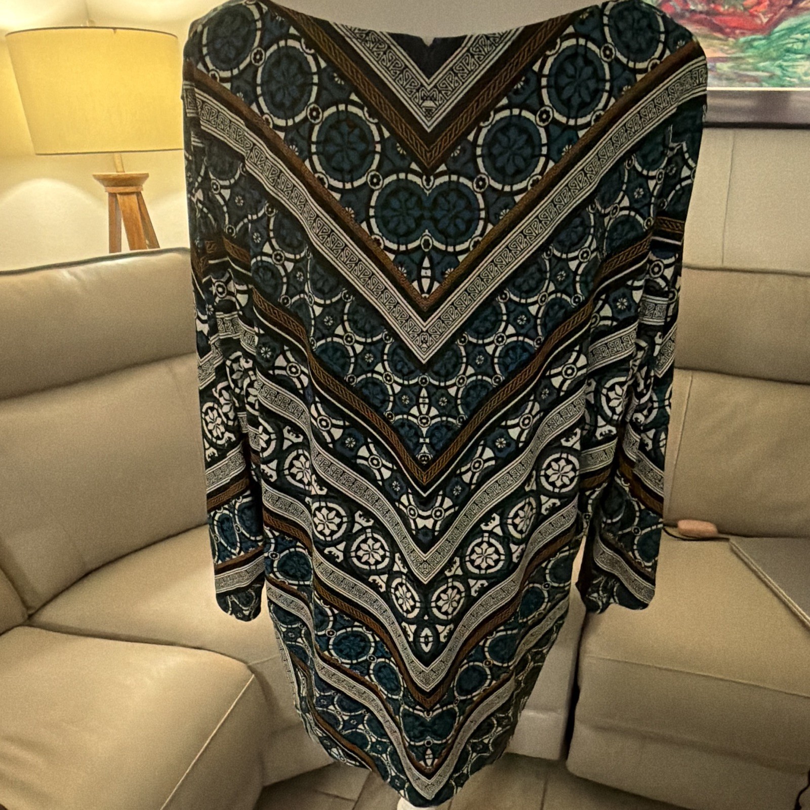 Allison Daley Women’s Plus 2X Blue Geometric Round Neck 3/4 Sleeve Pullover Top