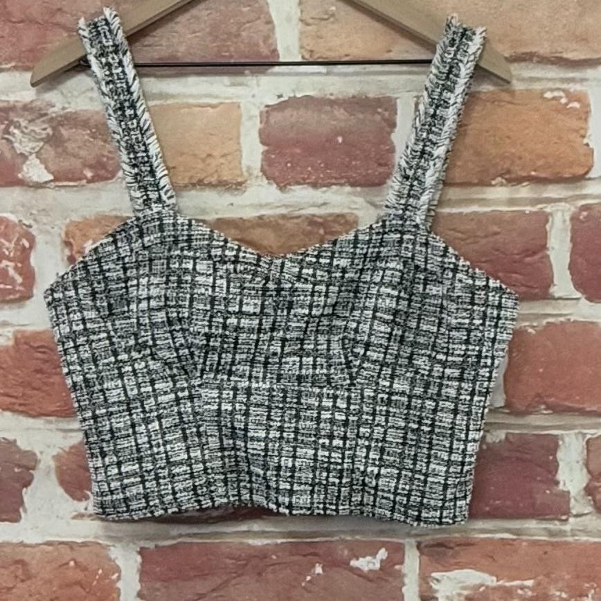Steve Madden Crop Top Womens Large Black White Tweed Boucle Stretchy Casual Tank