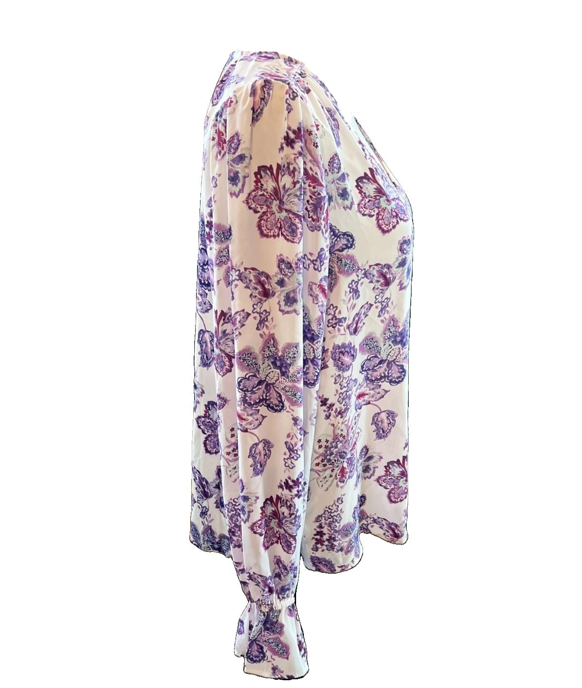 Loft L Purple Floral Pullover Blouse V Neck Long Bell Slvs 100% Rayon Washable