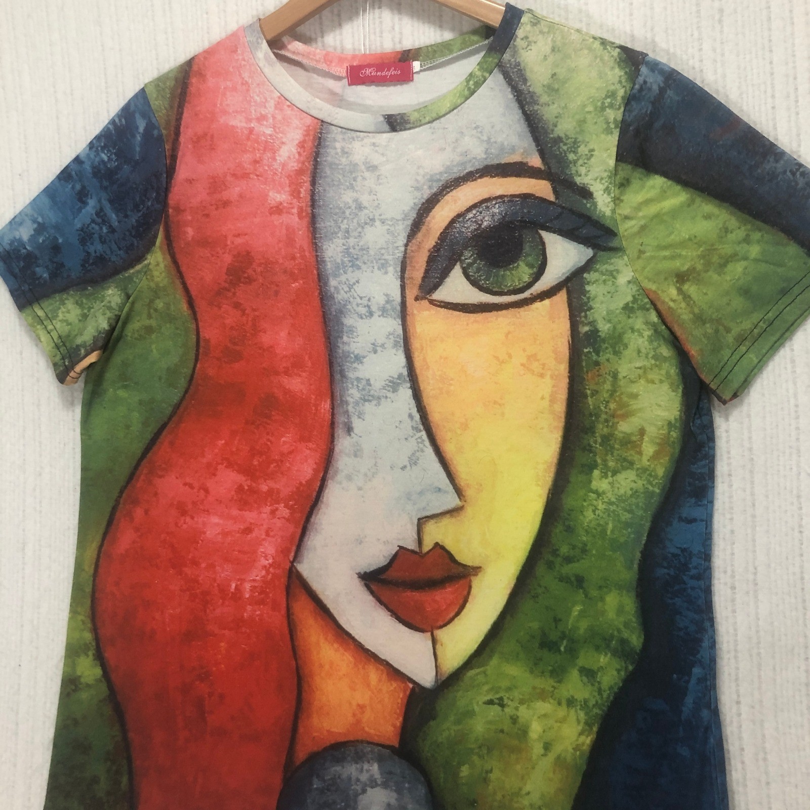 Mundefeis Abstract Face Art T-Shirt Colorful Graphic Print Top Size M