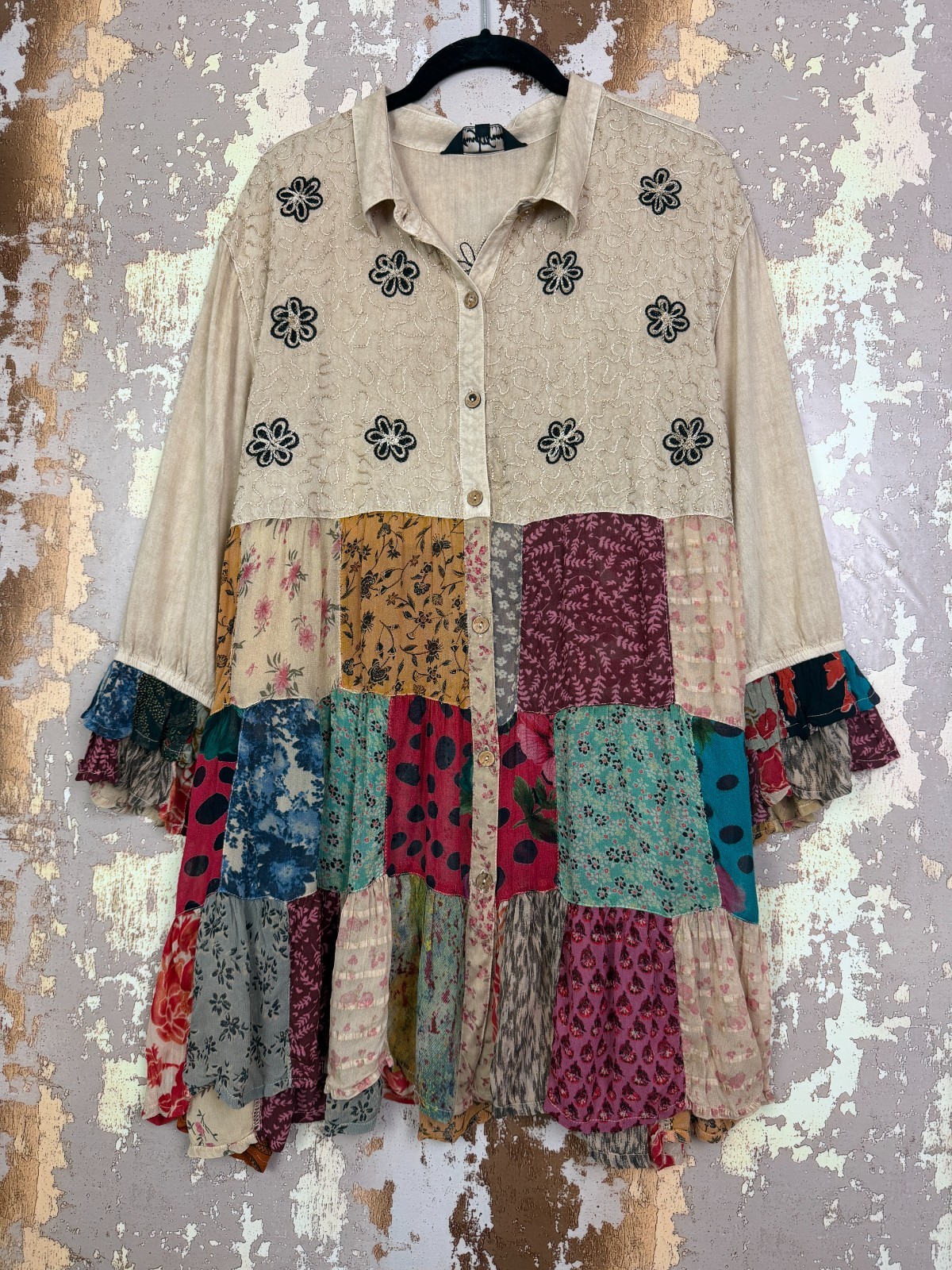 PLUS Size Overdyed Patchwork Block Vintage EMBROIDERED Ruffle BOHO TUNIC TOP