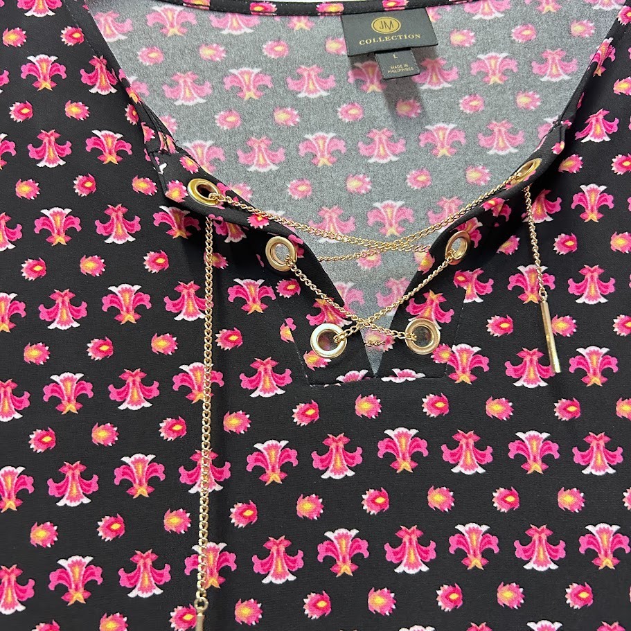 JM Collection Womens M Black Pink Combo Chain 3/4 Sleeves Blouse Top NWT BM51