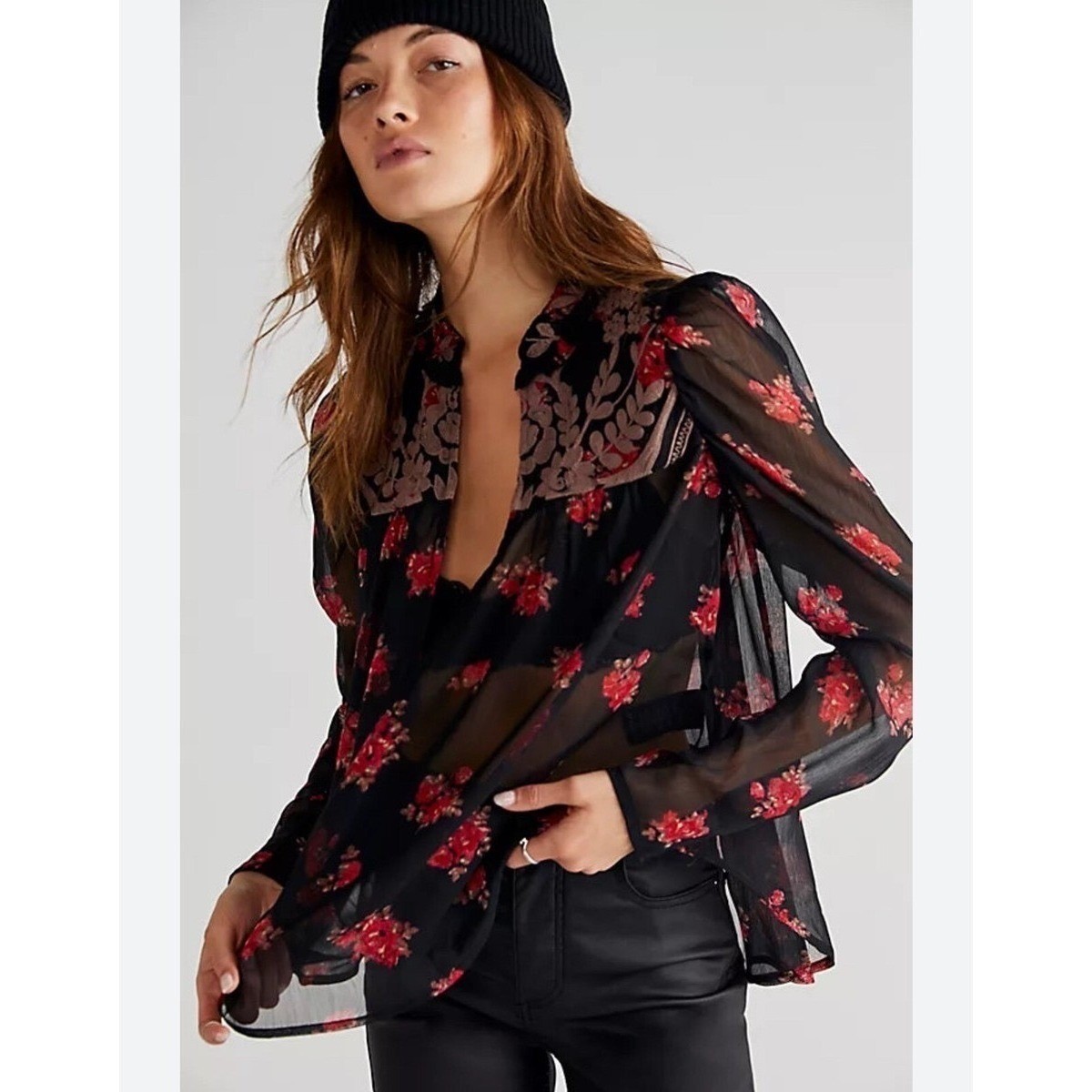 Free People Womens Dark Floral Boho Embroidered Sheer Blouse Size XS Whimsigoth