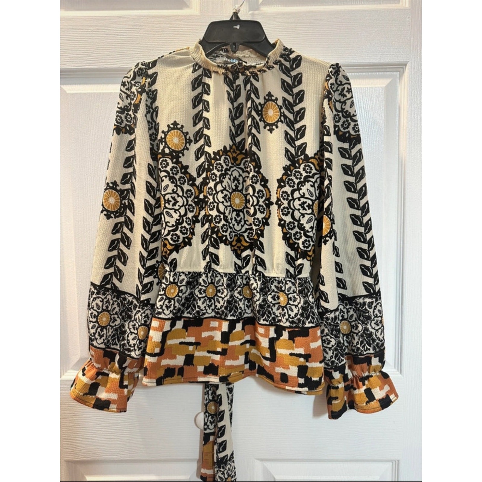 Alice Blue Women’s Cream Floral-Print Long Sleeve Blouse with Rust Accents