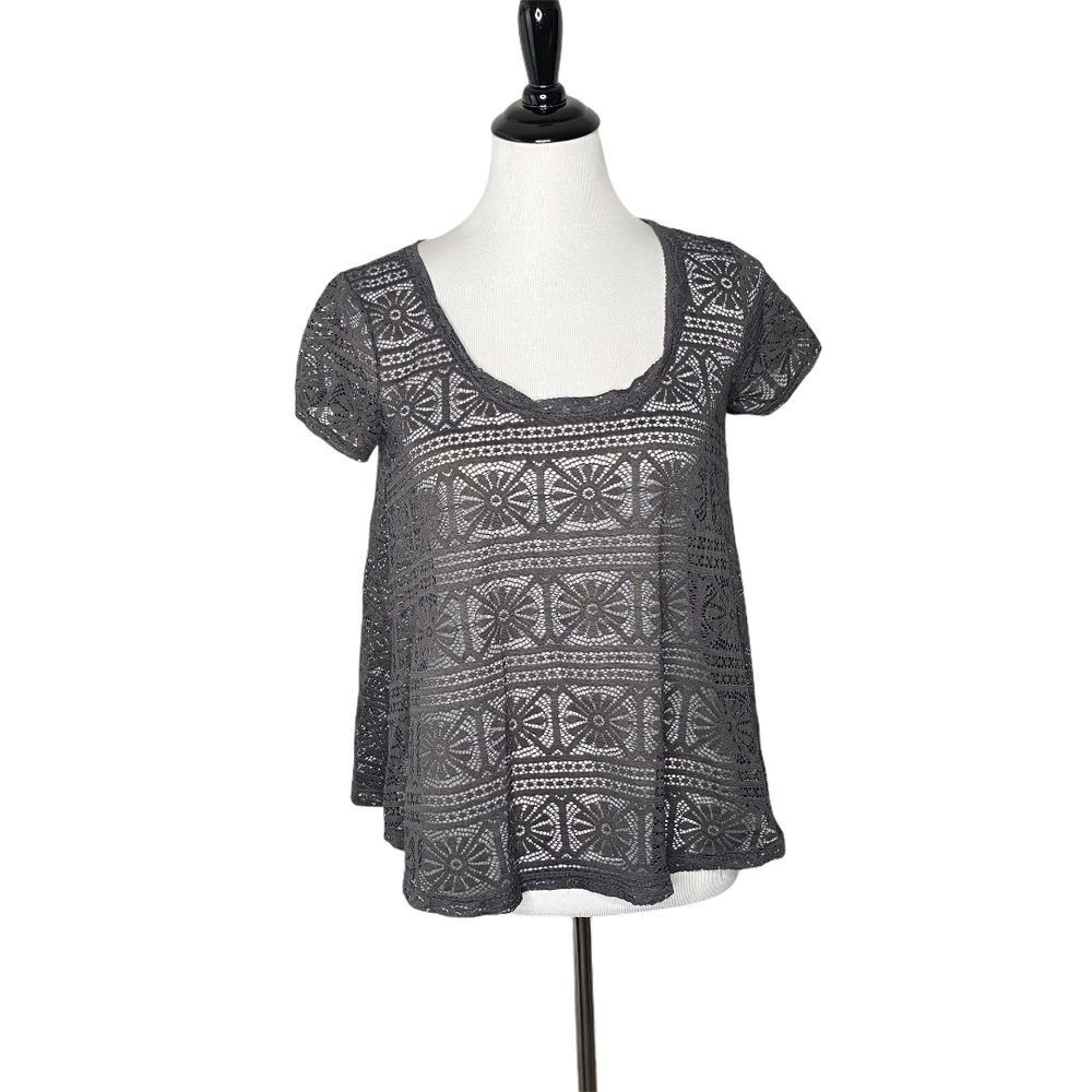American Eagle Crochet Sheer See Through Top Size S Gray Swing BOHO Festival